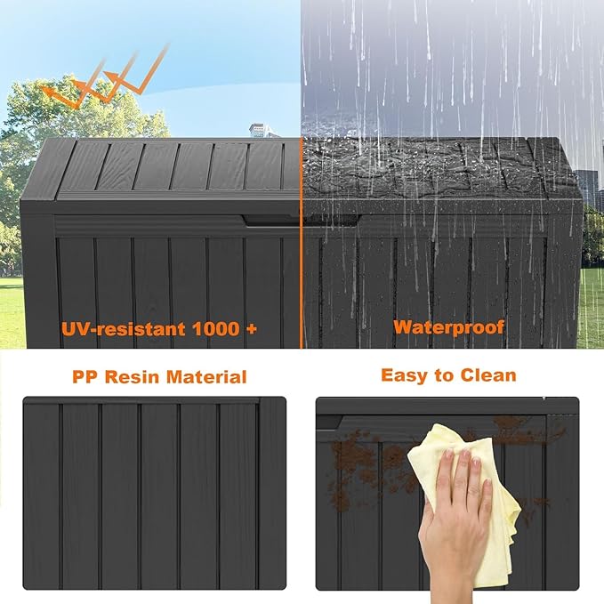 80 Gallon Resin Deck Box, Lockable Outdoor Storage Box for Patio Cushions Storage Furniture,Garden Tools, Pool Supplies, Weatherproof and UV Resistant- Black (80 Gallon)-VerdiqueGarden
