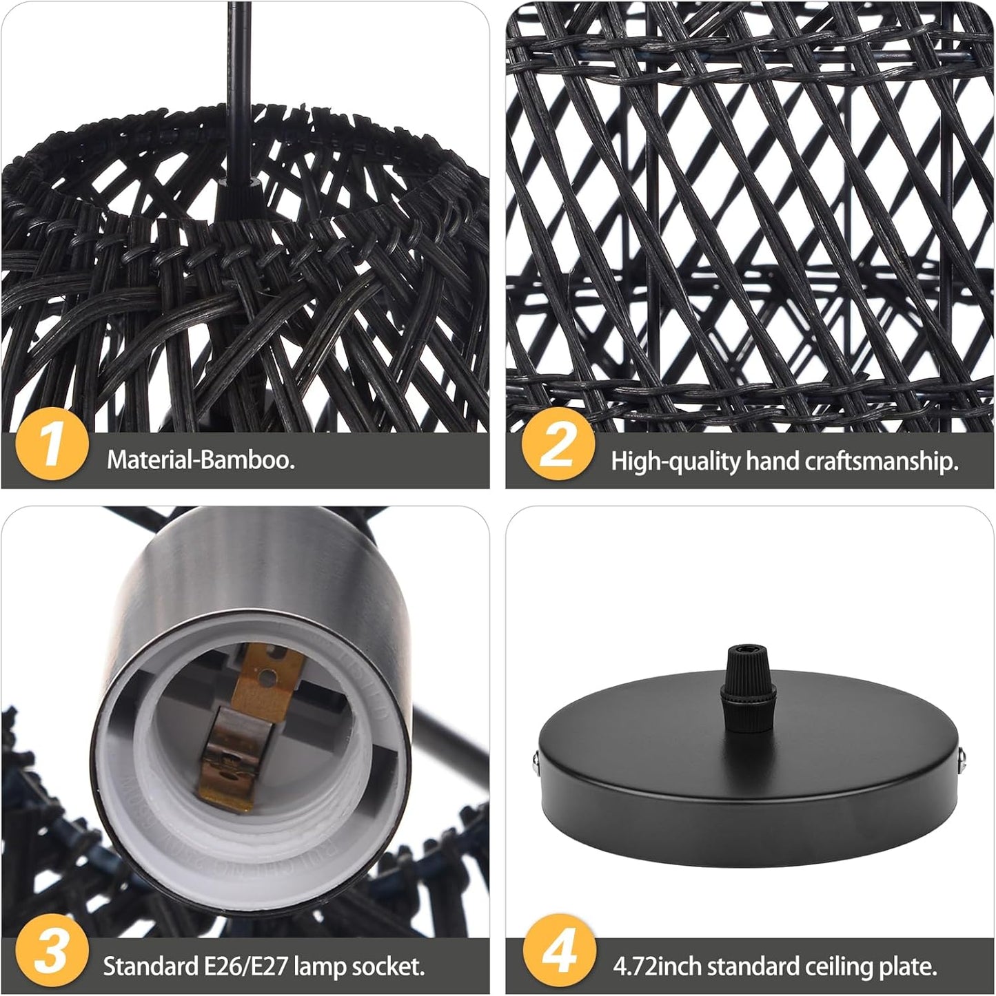 Arturesthome 1 Light Rustic Rattan Basket Pendant Light Fixture, Boho Wicker Chandelier Lamp Black, Coastal Handmade Crafts Lampshade, Farmhouse Hanging Ceiling Lighting for Dining Kitchen-VerdiqueGarden