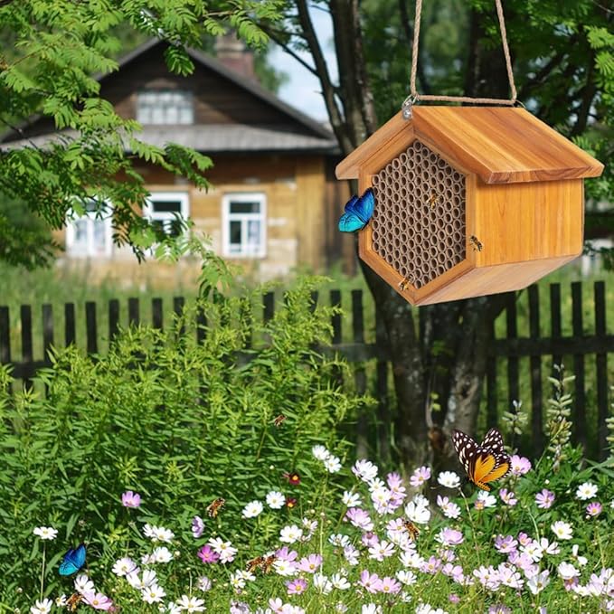 Mason Bee House Wax Coated Bee Hotel, Pollinator House Waterproof, Natural Handmade Wooden Mason Bee Hotel for Pollinating Bees Garden Supplies-VerdiqueGarden