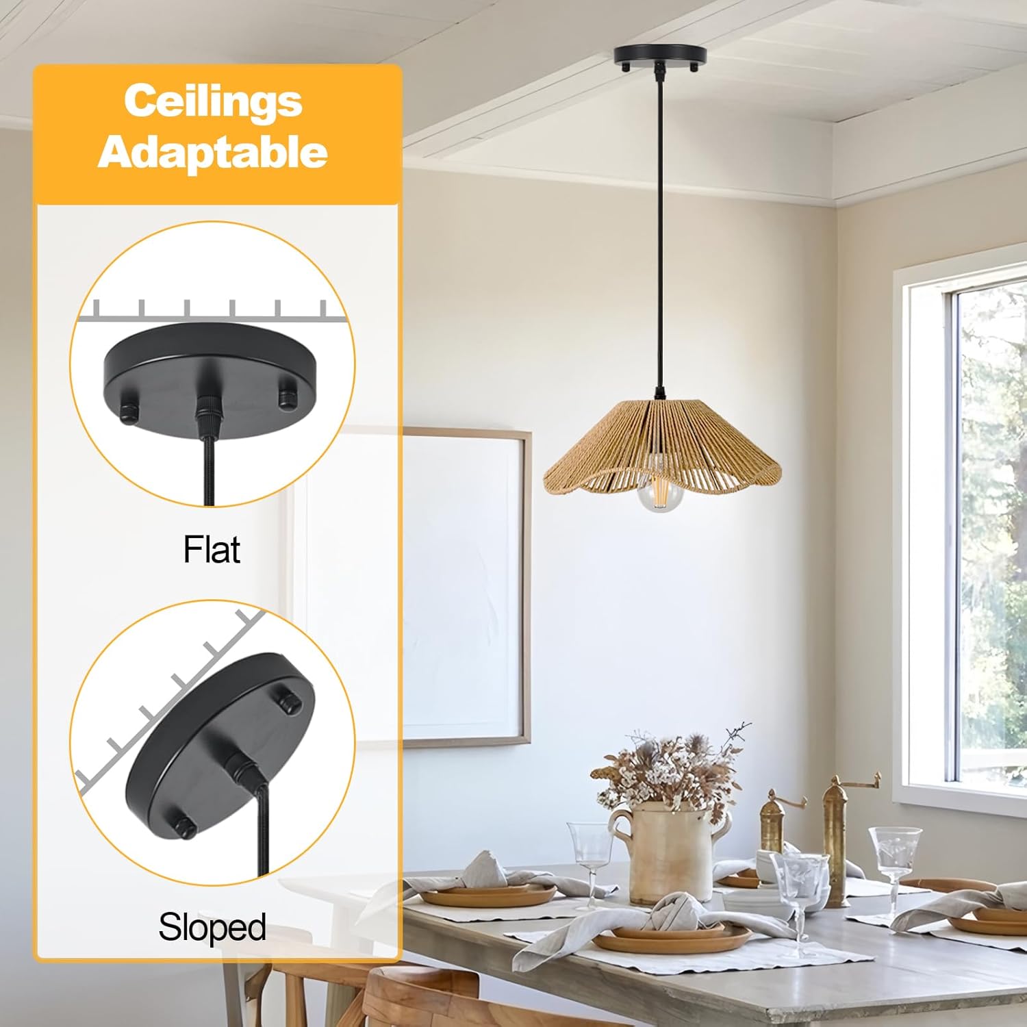 TERLEENART Hard Wired Rattan Pendant Lights Set of 2,Kitchen Island Pendant Lights with 12” Flower Shade,Boho Handwoven Paper Rope Rattan Ceiling Light for Living Room Dining Room Restaurant Foryer-VerdiqueGarden