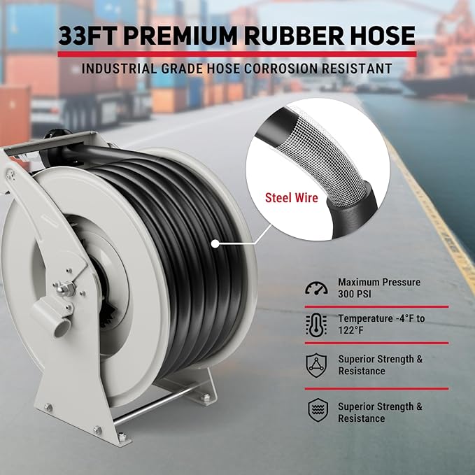 Fuel Hose Reel, 1" x 33' Diesel Fuel Reel with Refueling Nozzle, 300 PSI Heavy-duty Steel Construction Used for Aircraft Ship Vehicle Tanker Truck-VerdiqueGarden