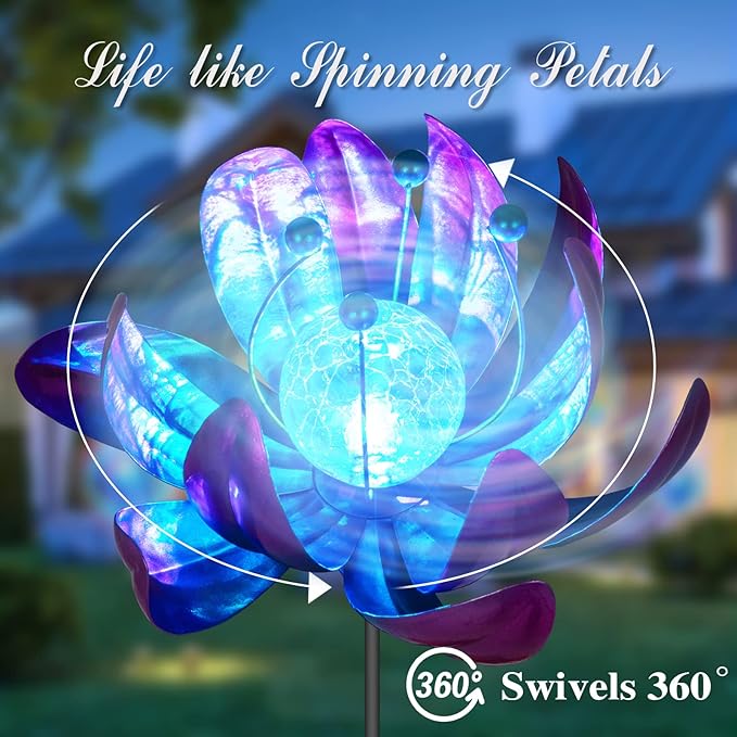 Solar Purple Metal Flower Wind Spinners, Colorful Spinning Windmill Lotus Yard Art Lights Wind Pinwheels with LED Crystal Ball Decorative Stake Lighting Flower Sculpture-VerdiqueGarden