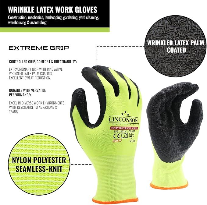 linconson 12 Pack Safety Performance Series Construction Mechanics Wrinkle Latex Work Gloves-VerdiqueGarden