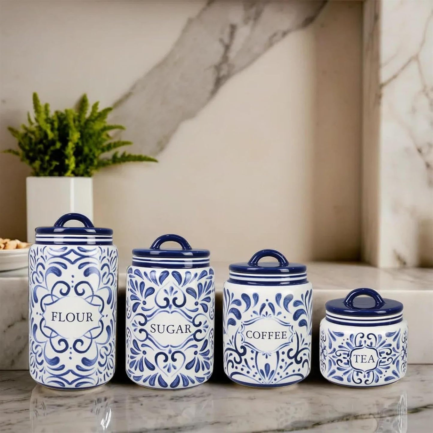 Young's Inc. 4 Pcs Set Talavera Ceramic Canisters- Storage Container for Kitchen and Bathroom - Beautiful Home Decor Accent to Store Food, Coffee, Tea, and More - White, Blue-VerdiqueGarden
