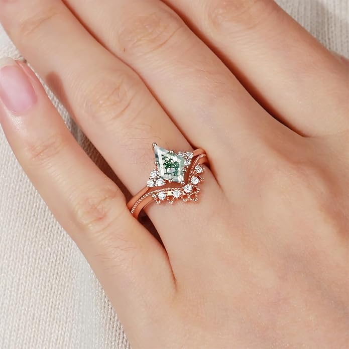 Natural Moss Agate Bridal Ring Set for Women 1CT Kite-cut Moss Agate Engagement Ring Set 925 Sterling Silver 10K 14K 18K Gold Classic Wedding Ring Set