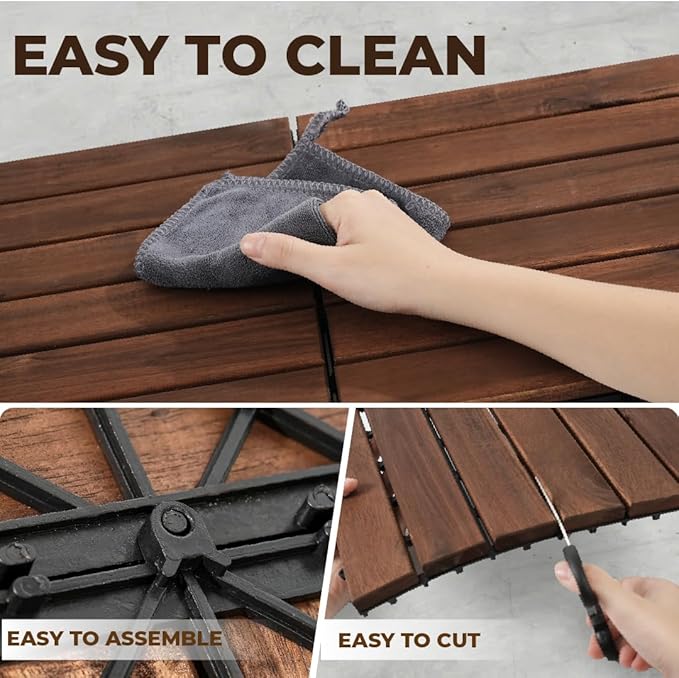 Pack of 10 Deck Tiles - 12"x12" Interlocking Natural Solid Acacia Wood for Outdoor & Indoor, Patio Garden, Balcony, Poolside - Brown Color-VerdiqueGarden