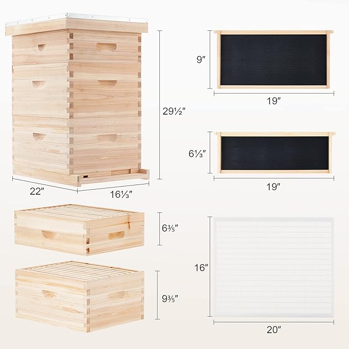 CREWORKS Bee Hive Boxes Starter Kit, 3 Layer Bee House Langstroth Beehive for Bees Keeping, Beekeeping Supplies with Plastic Queen Excluder and Nails (10 Medium and 20 Deep Frames)-VerdiqueGarden