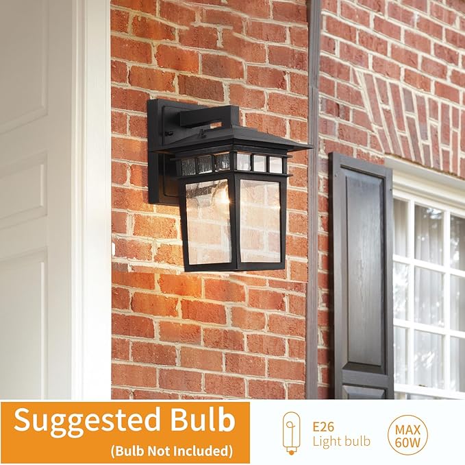Outdoor Wall Lantern, Exterior Lighting Fixtures Wall Mount, 2 Pack Black Outdoor Sconce with Seeded Glass, Exterior Porch/Patio Lights for House Front Door Garage-VerdiqueGarden