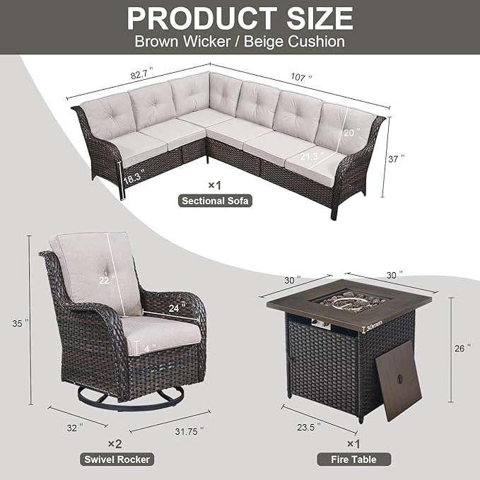 Outdoor Sectional Sofa Furniture Set with Propane Fire Pit Table, Wicker Patio Conversation Set with 2 Swivel Glider Rocker Chairs Beige Cushion Perfect for Backyard Casual Gathering-VerdiqueGarden