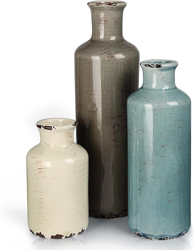 CUCUMI Ceramic Flower Vases Set of 3, Rustic Coastal Home Decor for Farmhouse Shelves, Ocean Beach Style, Mantle, Fireplace, Coffee Table, Shelf for Living Room-VerdiqueGarden
