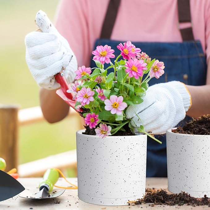 10/8/6 inch Deep Flower Pots, Cylinder Large Plant Pots for Outdoor Indoor Plants, 3 Pack Tall Plastic Planters with Drainage Holes and Saucers for Garden House Plants, Speckled White-VerdiqueGarden