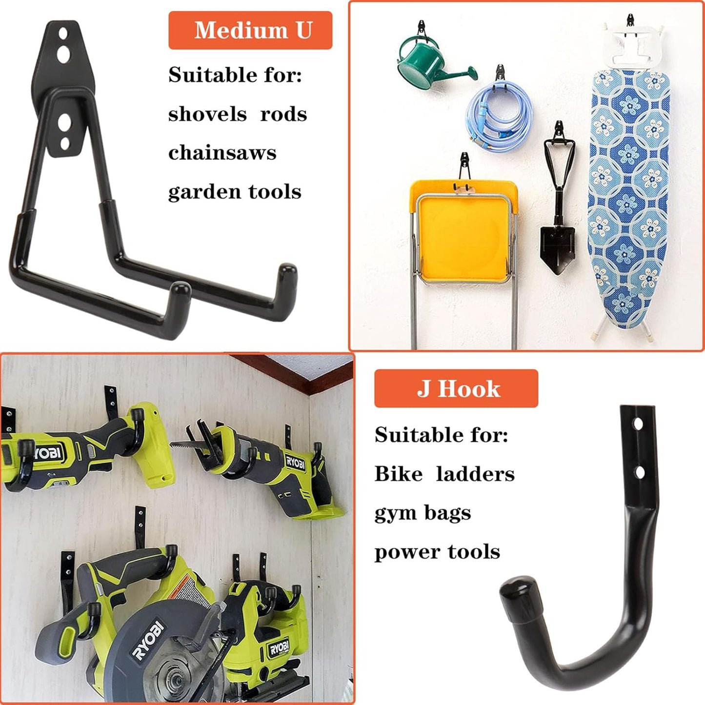 TocTen Garage Hooks, 14 Pack Garage Storage Hook Heavy Duty Solid Steel Wall Hooks, Wall Mount Storage Hook Kit with Anti-Slip Coating Ladder Hooks for Hanging Garden Tools Chair Hose Ropes (Black)-VerdiqueGarden