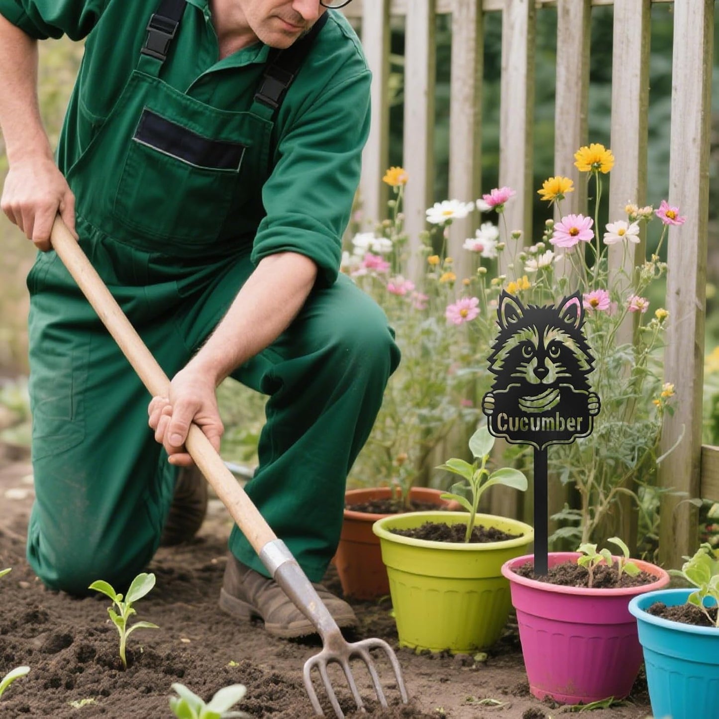 CUTHOLLOW Metal Plant Marker Stake Cucumber and Raccoon for Outdoor Indoor, Waterproof 11.8 inch Cute Garden Plant Labels Sign Tag for Vegetables, Farmhouse Greenhouse Decor - Funny Gardening Gifts-VerdiqueGarden