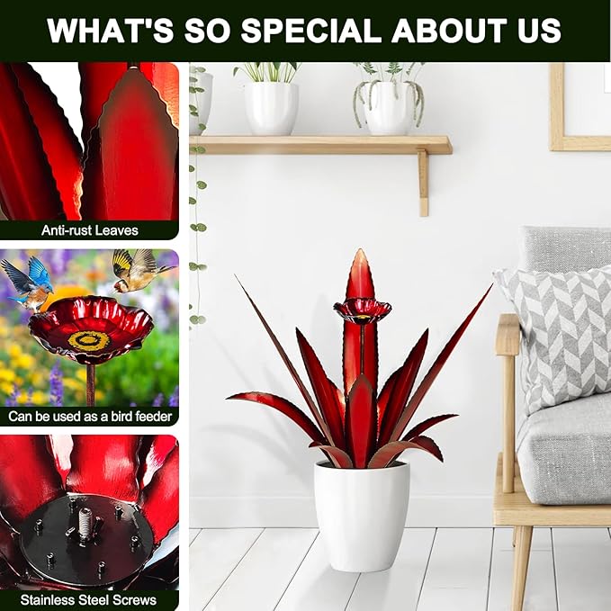Upgraded Large Metal Yard Art, Metal Agave Plant Yard Decorations Outdoor Sculpture, Metal Flowers for Outside, Waterproof Outdoor Garden Decor (Red + Bird Feeder)-VerdiqueGarden