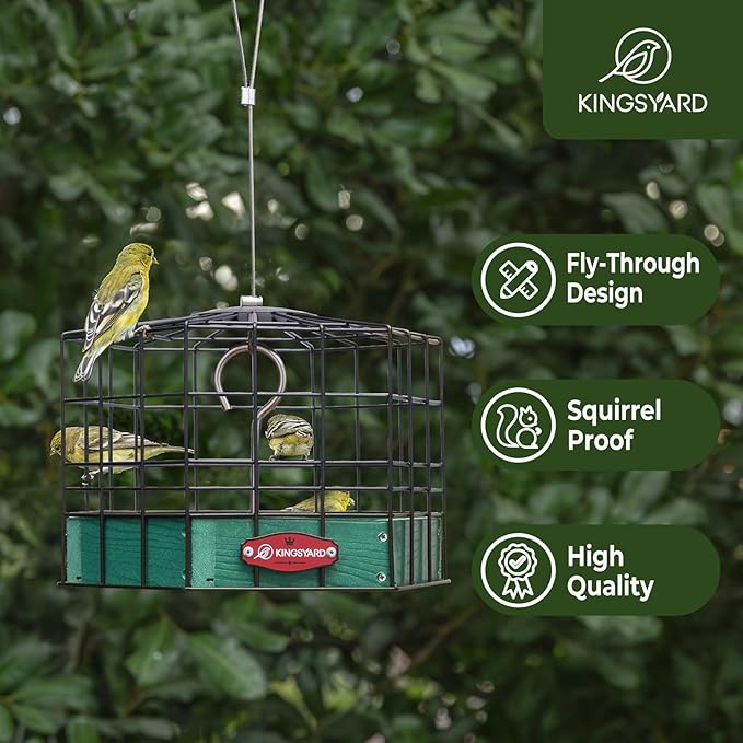 Kingsyard Squirrel Proof Platform Bird Feeders for Outdoor Hanging, Caged Bird Feeder for Small Wildbirds, Recycled Plastic Feeding Platform with Metal Seed Tray, Green-VerdiqueGarden