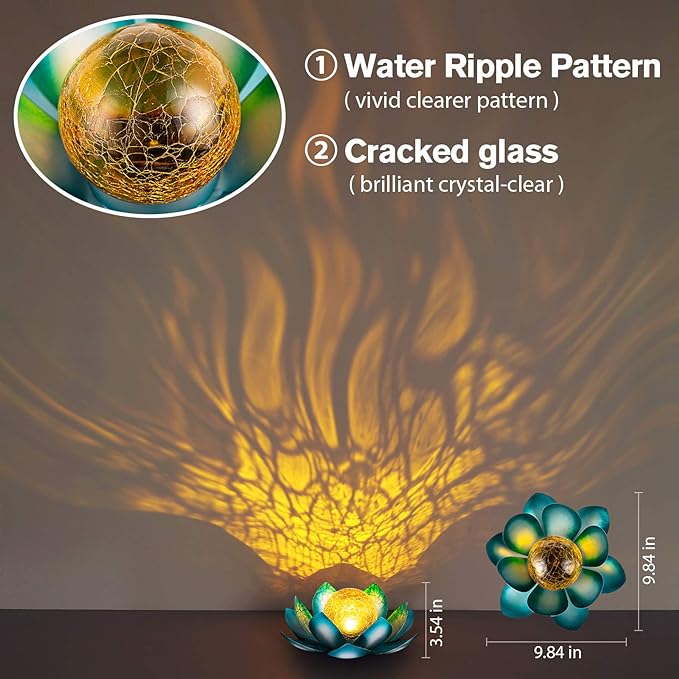 Huaxu Solar Light Outdoor Garden Decor Blue Metal Crackle Globe Glass Waterproof LED Lotus Flower Table Lamp Decorations for Patio Yard Porch Pathway Ground-VerdiqueGarden