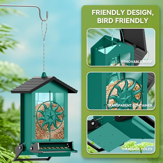 Squirrel Proof Bird Feeders for Outdoors, 5LBS Large Capacity Metal Wild Bird Feeder with Bilateral Weight-Activated Perches, Anti Squirrel Bird Feeders for Outside Finch, Cardinal, Blue Jay (Green)-VerdiqueGarden