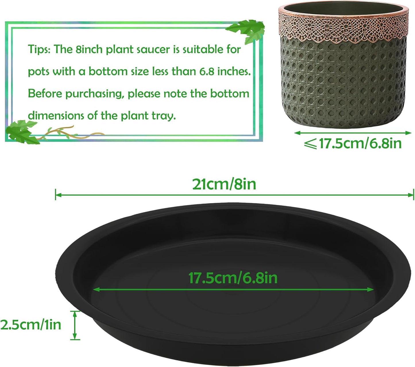 12 Pack 8 Inch Round Plant Saucers for Less 6.8 Inch Pot Indoors Outdoors Plant Trays for Pots Planter Saucer Plastic Plant Drip Tray Planter Water Tray for Potted Plants(Black, 8"(12pcs))-VerdiqueGarden