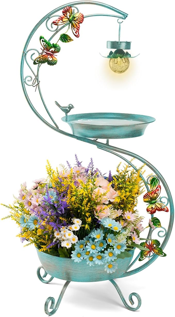 Bird Bath for Outside with Solar Lamp, 36" Birdbaths for Outdoors with Planter Flower Pot, Metal Bird Bath Bowl for Garden Yard Decor (All Blue Green)-VerdiqueGarden