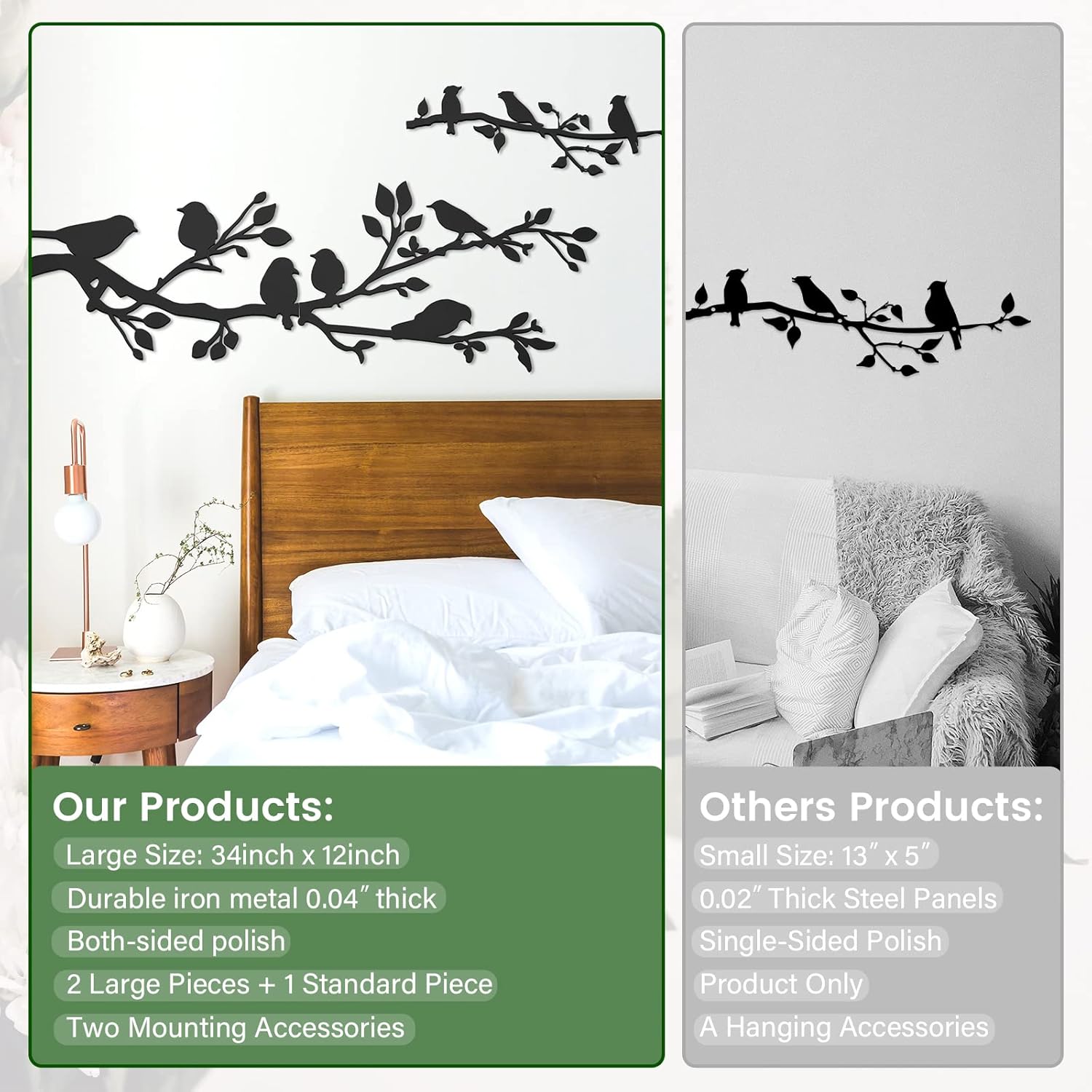 ULENDIS 3Pcs Large Metal Birds Wall Art, Bird on Branch Metal Birds Wall Decor Leaves with Bird Silhouette Sculpture, Ornament Branch Wall Hanging Sign for Balcony Garden Indoor Outdoor Decor-VerdiqueGarden