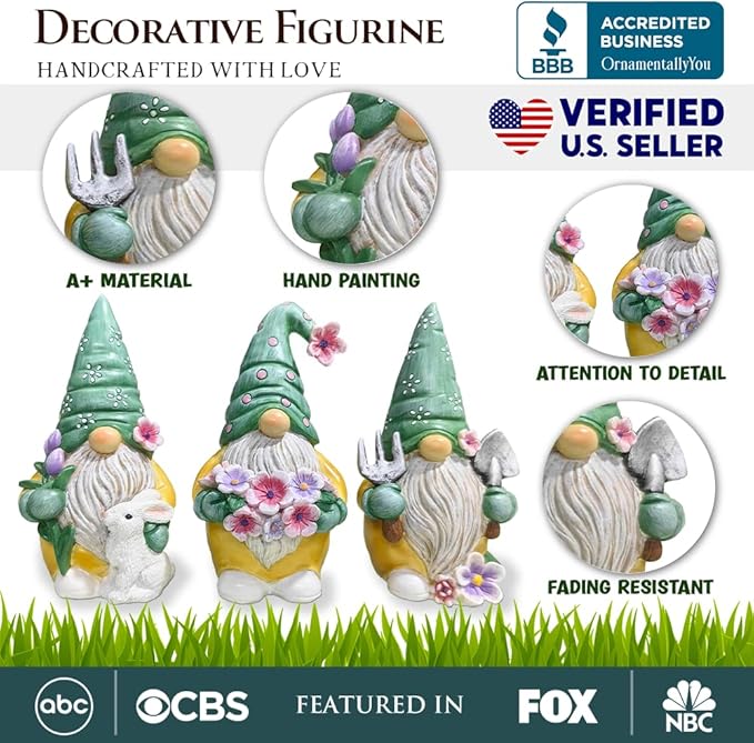 Garden Guardians Set of Three 6" Gardening Gnome Figurines, Floral Green and Yellow Statue Decor-VerdiqueGarden