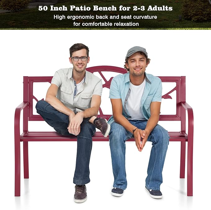 PHI VILLA Outdoor Patio 50" Metal Park Bench Red, Steel Frame Bench with Backrest and Armrests for Porch, Patio, Garden, Lawn, Balcony, Red Bird-VerdiqueGarden
