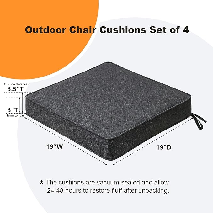 Square Corner Seat Cushions, 19" x 19" x 3", Set of 4, Indoor Outdoor Water Repellent Universal Chair Pads with Ties for Patio Furniture, Garden Deck Dining Chairs, Charcoal-VerdiqueGarden