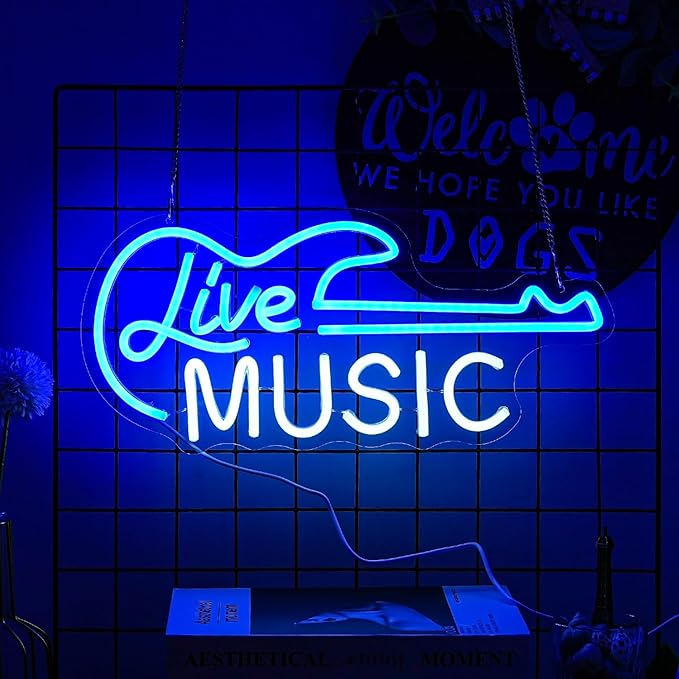 Guitar Neon Sign Blue White Live Music for Wall Decor Dimmable Guitar Led Light up Sign Letter Neon Signs Art Decorative Lights for Music Studio Live Streams Nightclub-VerdiqueGarden