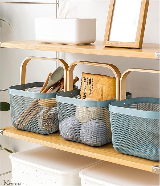 Metal Mesh Steel Basket, Storage Organizer Basket Multi-functional Hanging Kitchen Baskets Fruit Basket Bin with Bamboo Handle for Kitchen Bathroom Picnic Shopping Decor Cabinet Home, Blue-VerdiqueGarden