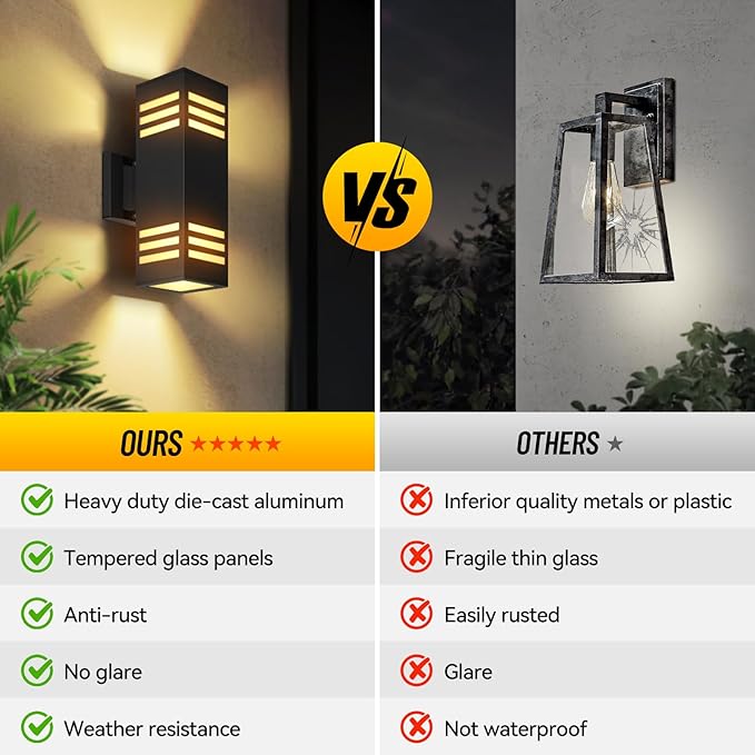 2 Pack Outdoor Wall Lights, Up/Down Modern Wall Sconce Exterior Lighting Fixture Square Wall Lamp Aluminum IP65 Waterproof Wall Mount Porch Lights ETL Listed E26 Bulbs Included 2700K-VerdiqueGarden