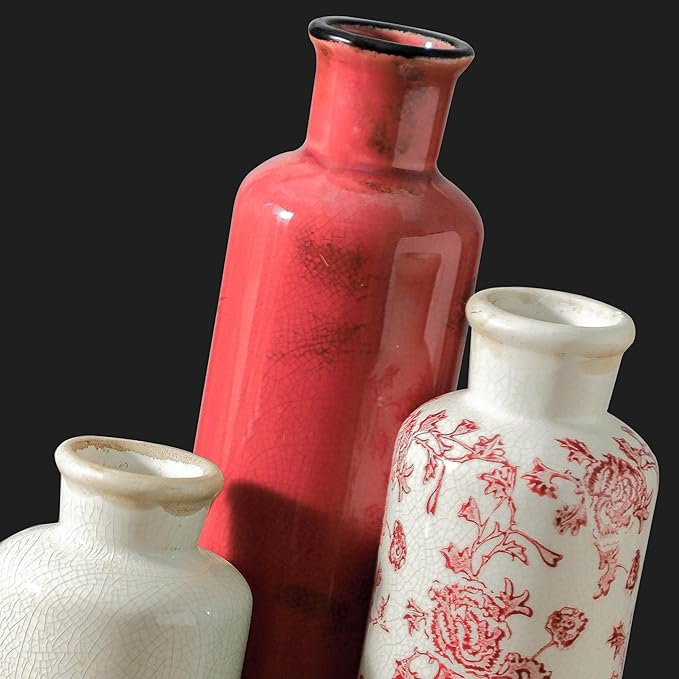 Vintage Vase Set of 3, Ceramic Vintage Flower Vases, Chinoiserie Decorative Home Decor Retro Floral Vase Rustic Farmhouse Decor for Table Bookshelf Mantel Kitchen Living Room Office - Red and White-VerdiqueGarden