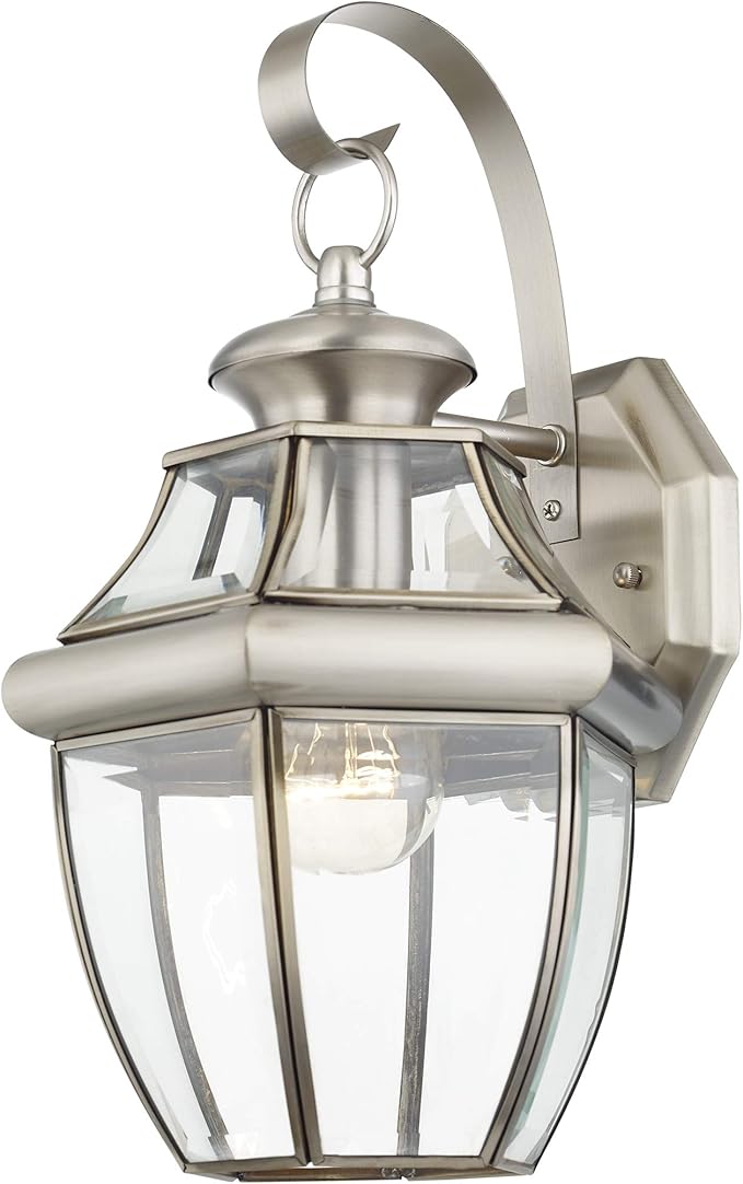 Livex Lighting 2151-91 Monterey 1 Light Outdoor Brushed Nickel Finish Solid Brass Wall Lantern with Clear Beveled Glass 13" x 8.5" x 8.25"-VerdiqueGarden