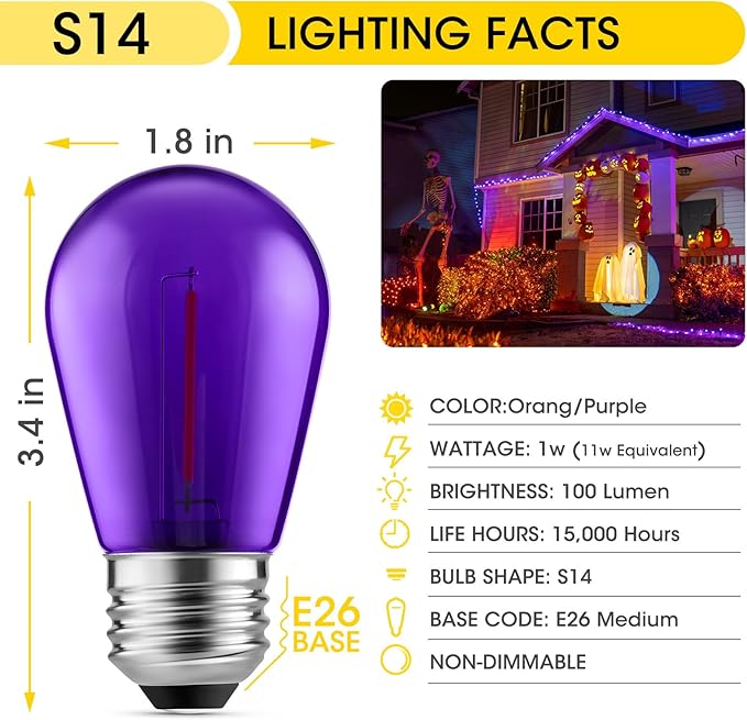 Meconard S14 Purple and Orange LED Light Bulbs, 24Pack 1W Plastic Shatterproof Waterproof LED Bulbs for Indoor Outdoor String Lights, E26 Base, Halloween Decoration, String Light Replacement Bulbs-VerdiqueGarden