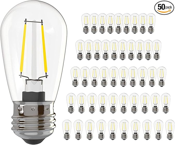 Banord 50 Pack Dimmable 2W S14 Replacement LED Bulbs, 2700K Warm White Waterproof Outdoor String Lights, Vintage Filament, Shatterproof E26 Screw Base Edison Light Bulbs-VerdiqueGarden