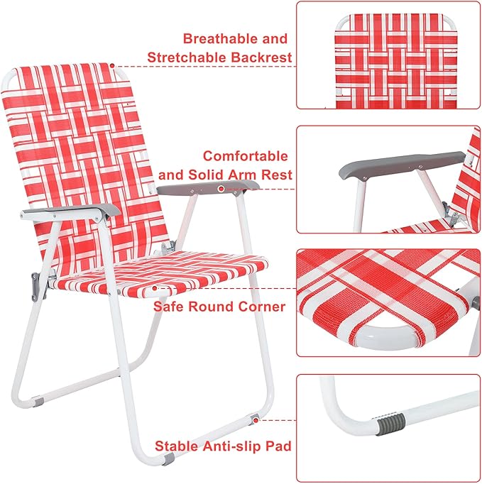 VINGLI Patio Lawn Webbed Folding Chairs Set of 2, Outdoor Beach Chair Portable Dining Chair for Yard, Garden (Red, Classic)-VerdiqueGarden
