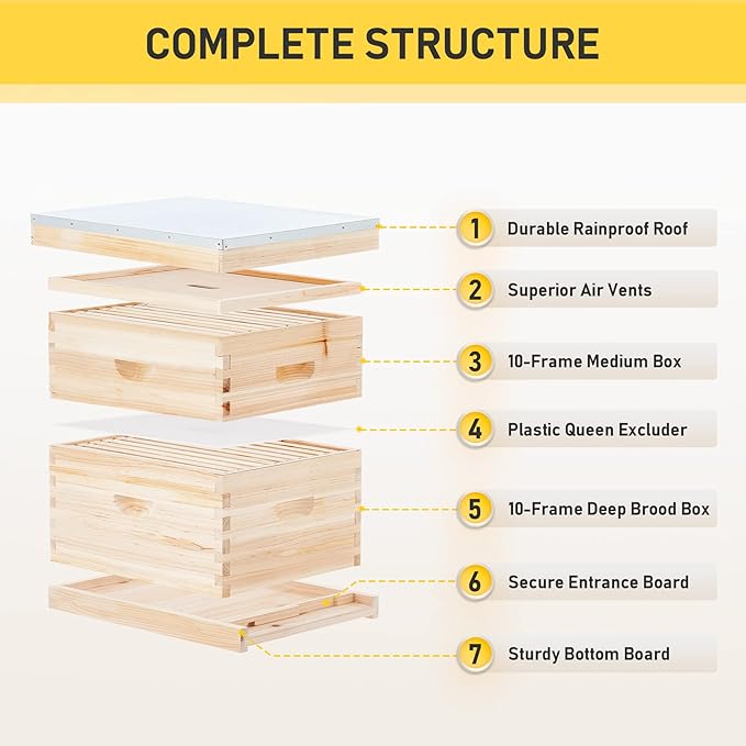 CREWORKS Bee Hive Boxes 10 Frame Langstroth Beehive, Bee Keeping Starter Kit Includes 1 Super Bee Box & 1 Bee Brood Box with Beehive Frames and Foundation, 2 Layers Complete Bee Hive Kit-VerdiqueGarden
