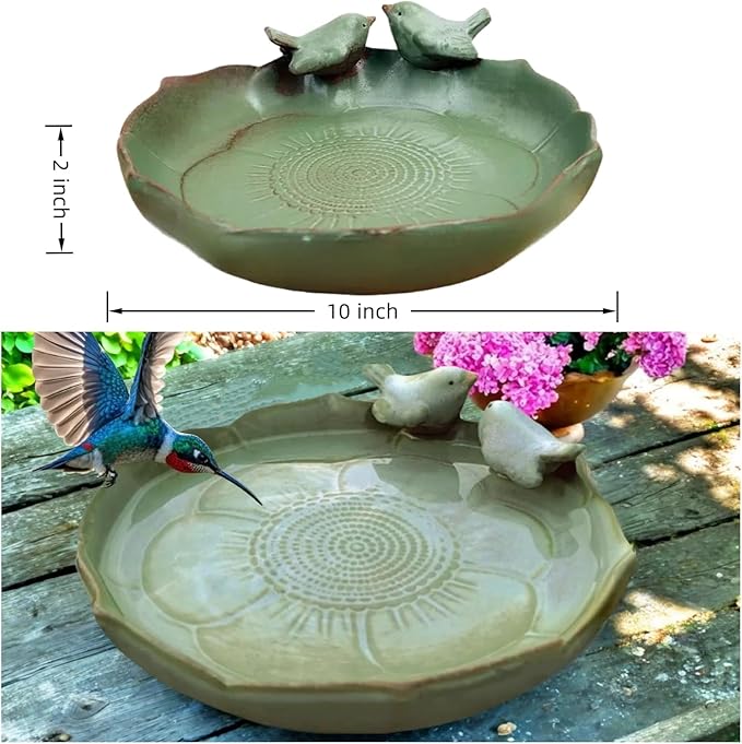 Bird Bath for Outside on Ground, 10 in Ceramic Birds Bath Bowl, Handmade Ground Bird Feeders and birdbath for Outdoors for Outdoors, Garden, Tabletop, Balcony and Lawn (Big - shallow)-VerdiqueGarden