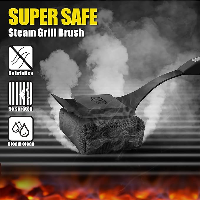 GRILLART Grill Brush Bristle Free. SteamWizards BBQ Replaceable Cleaning Head, Seamless-Fit Scraper Tools for Cast Iron/Stainless-Steel Grates Griddle, Safe Barbecue Grill Cleaner Brush-Dark Black-VerdiqueGarden