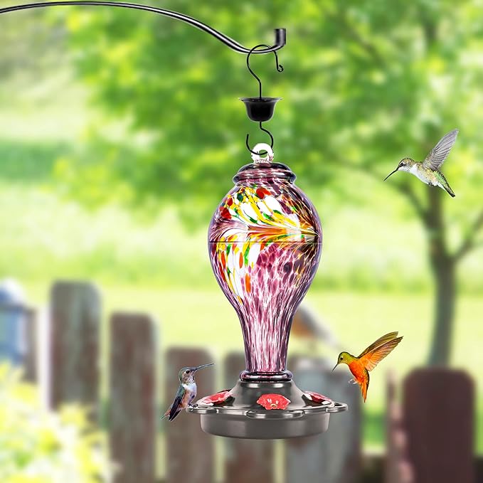 LUJII Hand Blown Glass Hummingbird Feeder for Outdoors Hanging with Ant Guard, 25 fl.oz, Leak Proof & Rustproof, Metal Base with 5 Feeding Ports & 5 Perches, Unique Garden & Backyard Decor (Purple)-VerdiqueGarden