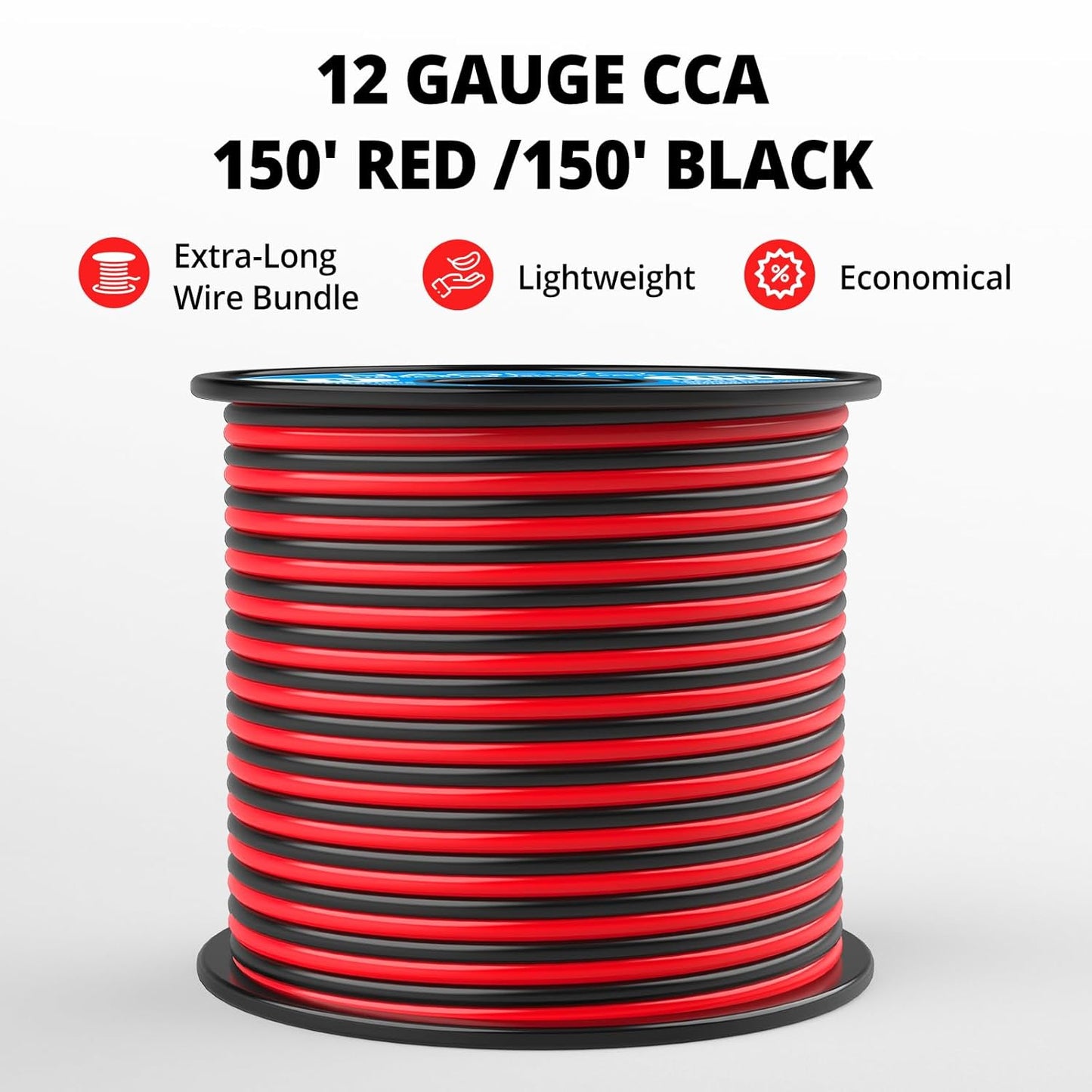 NAOEVO 12 Gauge Wire 150FT, 2 Conductors Electrical Wire Red Black Cable, Flexible/Low Voltage/PVC 12 AWG Copper Clad Aluminum Extension Cord for Speaker, LED Strips, Automotive 12V/24V DC-VerdiqueGarden