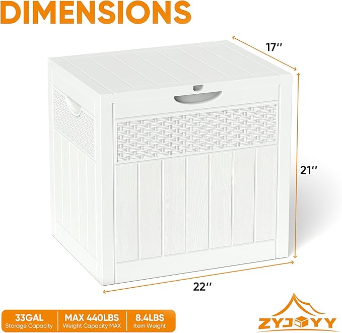 33 Gallon Resin Deck Box, Weatherproof Outdoor Storage Box for Patio, Garden and Yard, Lockable Waterproof Bin for Tools, Cushions, and Accessories, White-VerdiqueGarden