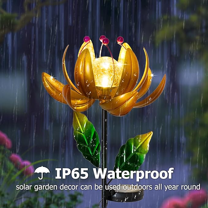 Solar Lights Wind Spinners for Yard and Garden - Metal Lotus Flower Windmills LED Crackle Glass Globe Outdoor Garden Decor Yard Art Lawn Ornament-VerdiqueGarden