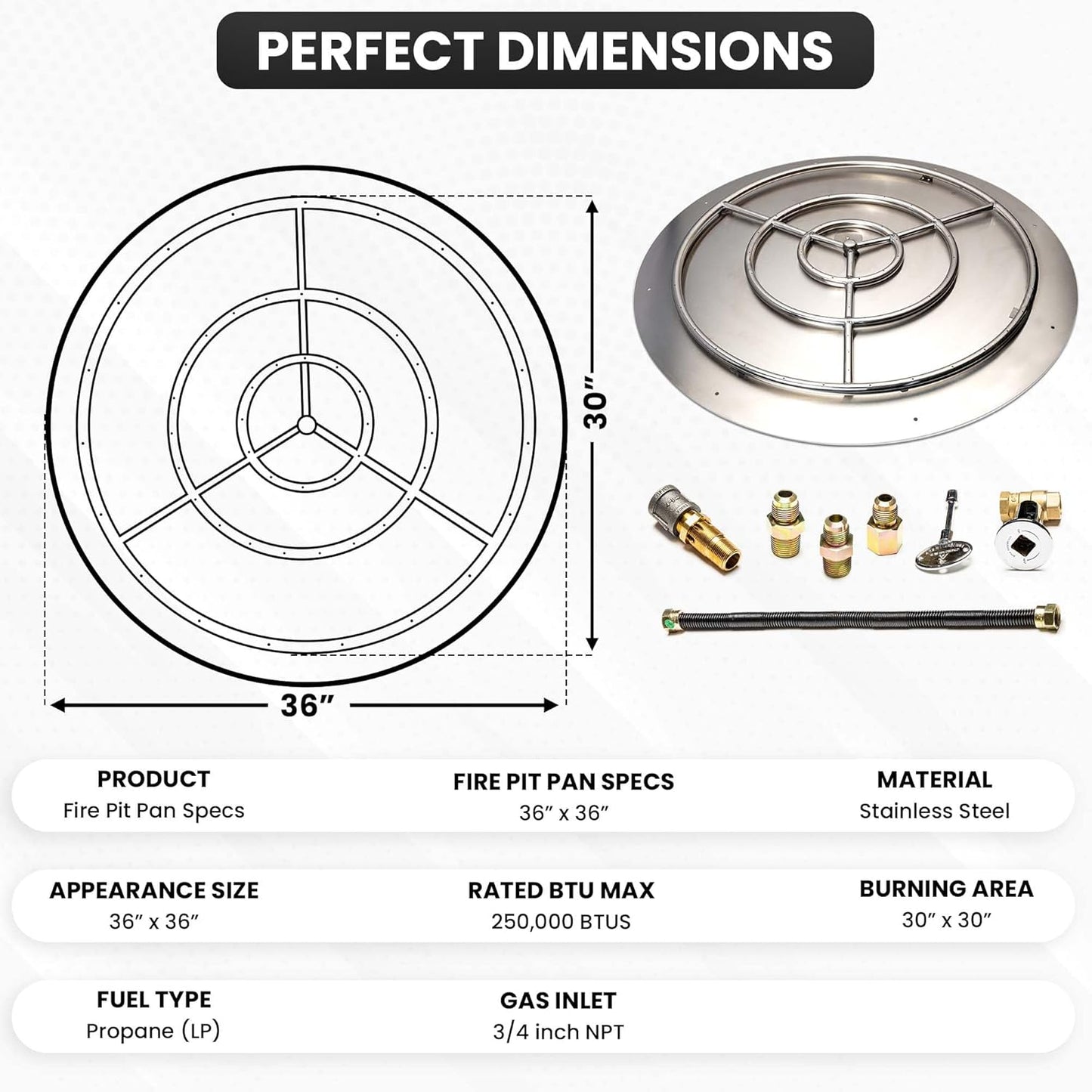 Fire Pit Burner Pan & Ring - Works with Liquid Propane - Stainless Steel Fire Pit Burner Kit 36-Inch Pan, 30-Inch Ring - 250,000 BTU Max-VerdiqueGarden
