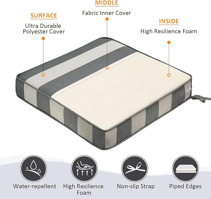 Square Corner Seat Cushions, 19" x 19" x 3", Set of 4, Indoor Outdoor Water Repellent Universal Chair Pads with Ties for Patio Furniture, Garden Deck Dining Chairs, Gray Stripe-VerdiqueGarden