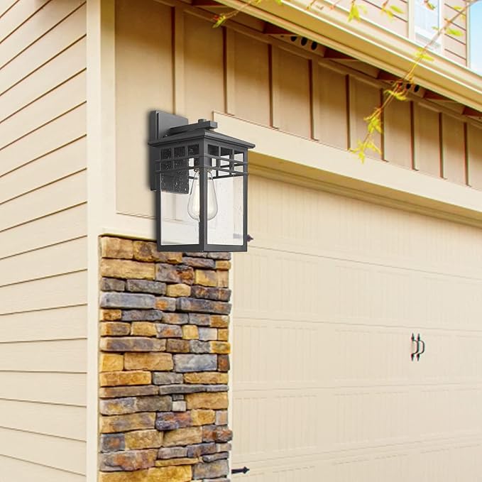 Outdoor Light Fixture Wall Mount, Modern Exterior Lights Fixture Wall Sconces with Seeded Glass for Front Porch, Farmhouse Waterproof Black Carriage Lantern Lamp Outside for Home, Garage, 2 Pack-VerdiqueGarden