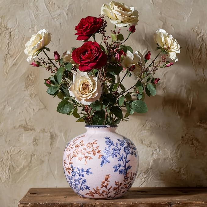 Blue-and-White Vintage Round vase, Chinese-Style Porcelain Blue vase, Suitable for Home Decor, Living Room Coffee Table, Office, Rustic Farmhouse Dining Table Centerpiece, and Tabletop Decoration.-VerdiqueGarden