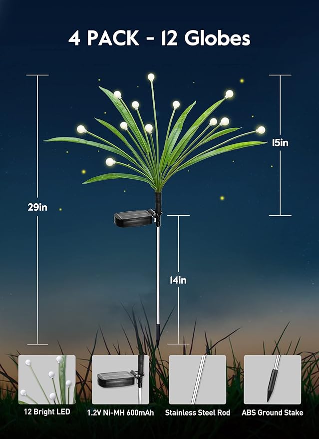 4 Pack 48 LED Solar Firefly Lights with Leaves, Solar Garden Lights Outdoor Decoration with 2 Lighting Modes, Waterproof Solar Outdoor Lights Decorative, Solar Lights for Outside Pathway, Warm White-VerdiqueGarden