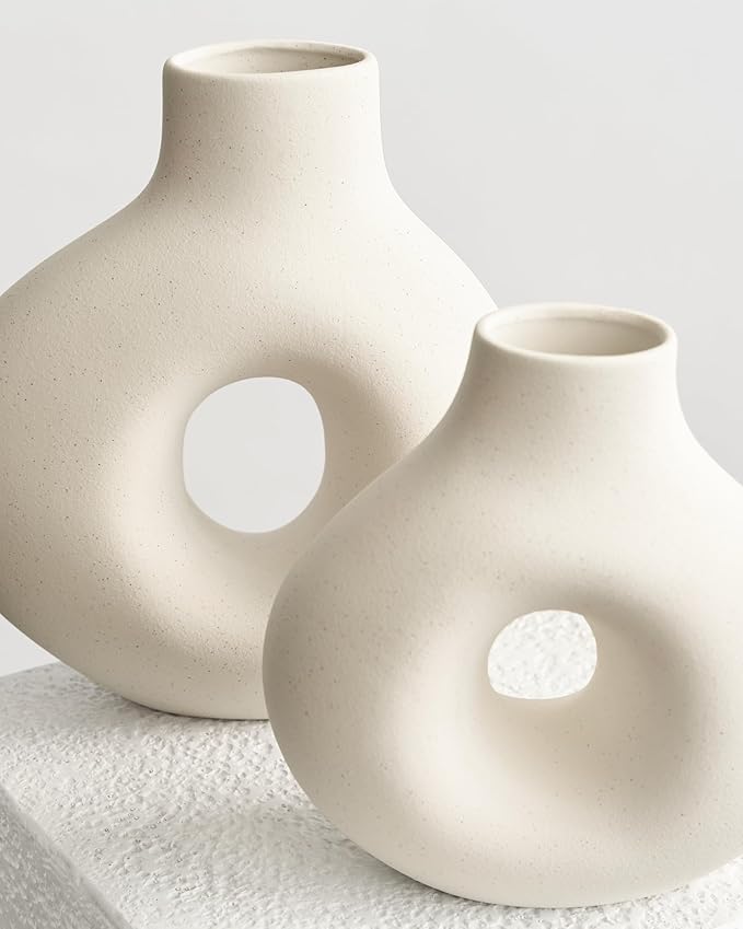 NOBULA White Ceramic Donut Vases – Modern Home Decor for Living Room, Bedroom & Table Centerpiece - Minimalist Nordic – Unique Vases for Olive Plant & Flowers – Decorative Coffee Table Vase Set of 2-VerdiqueGarden