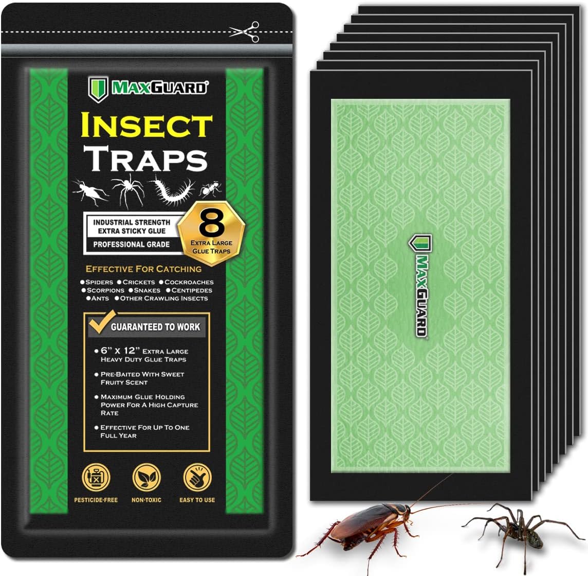 MaxGuard Extra Large Insect Traps (8 Traps) | Non-Toxic Extra Sticky Pre-Baited Glue Board, Trap & Kill Most Crawling Insects, Bugs, Spiders, Crickets, Scorpions, Cockroaches, Centipedes, Snakes.-VerdiqueGarden