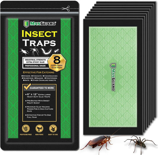 MaxGuard Extra Large Insect Traps (8 Traps) | Non-Toxic Extra Sticky Pre-Baited Glue Board, Trap & Kill Most Crawling Insects, Bugs, Spiders, Crickets, Scorpions, Cockroaches, Centipedes, Snakes.-VerdiqueGarden